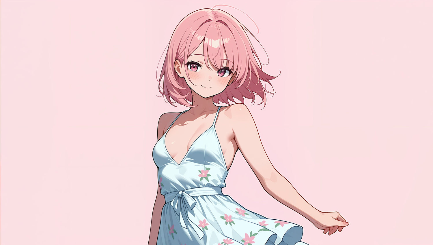 Elegant Anime Waifu Girl, flowing dress on a pink background