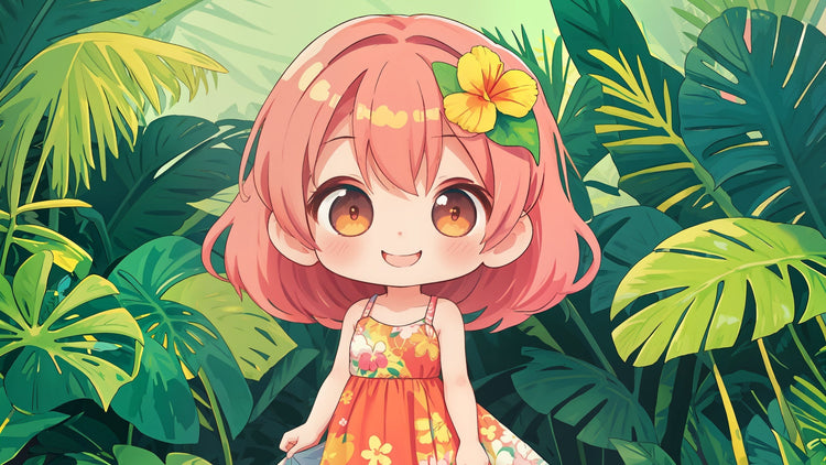 Chibi girl anime style drawing in a rainforest