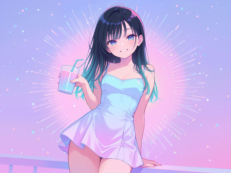 Cute waifu girl holding a tumbler on a pink and purple backdrop.