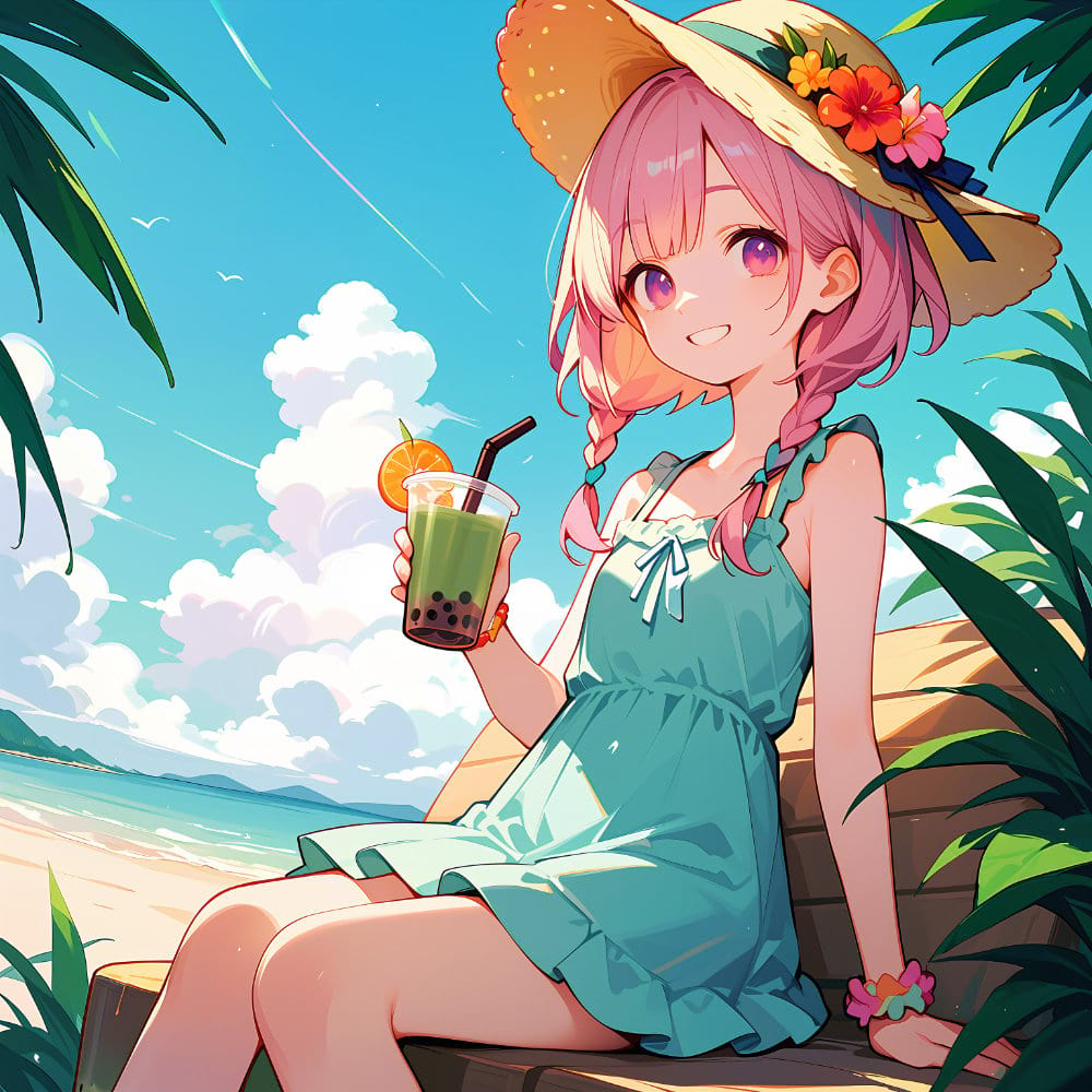 Cute anime girl drinking boba tea at the beach