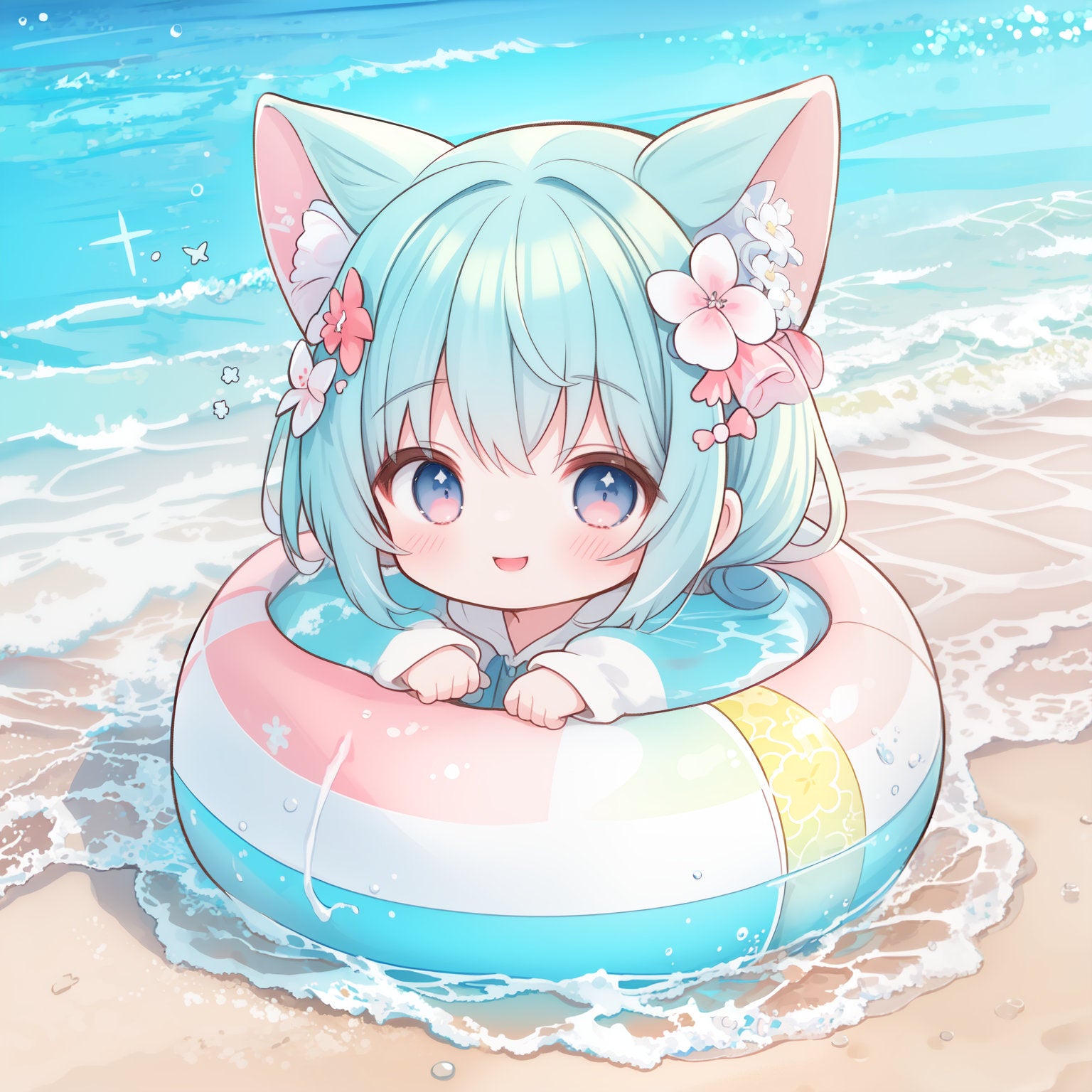 Cute chibi girl sitting in a floaty at the beach