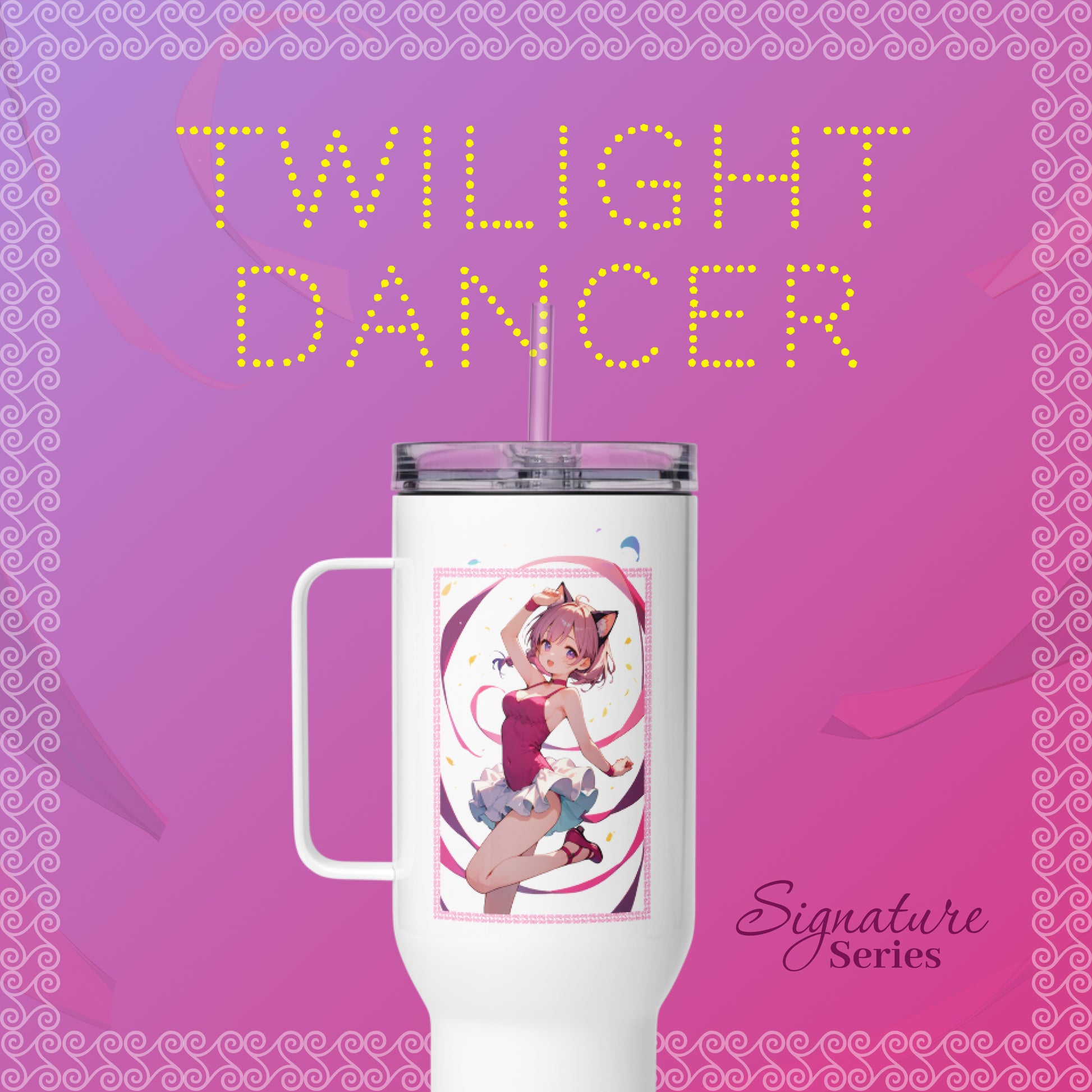 Cup on a pink background with words twilight dancer