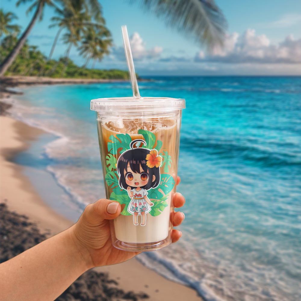 Hand holding cup with ocean background