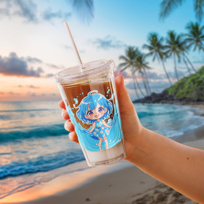 Hand holding the cup on a beach