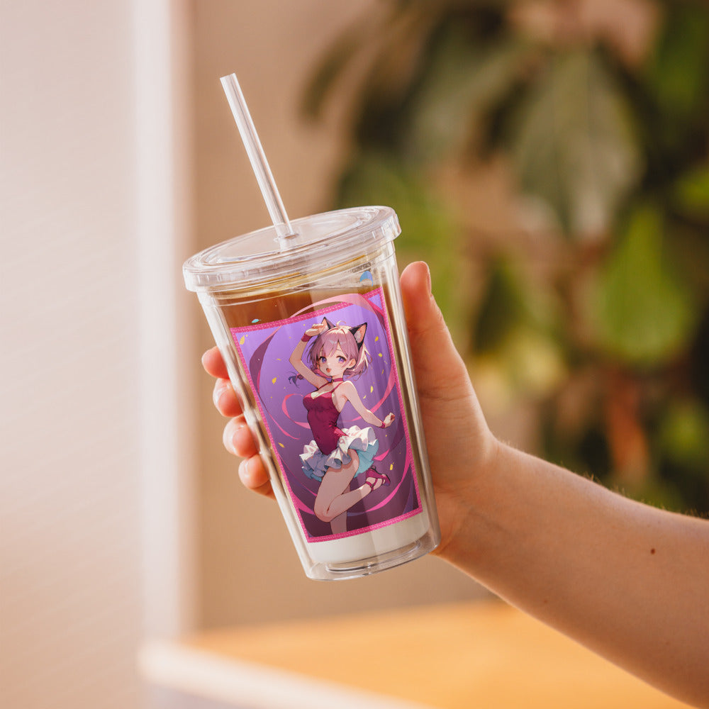 Anime ballet girl on cup in womans hand