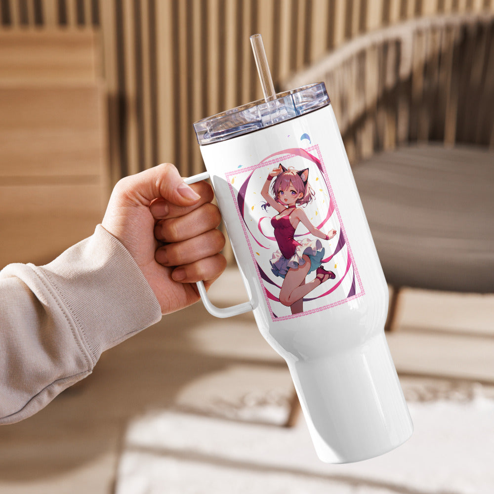 Hand holding cup with print of waifu girl